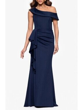 New Xscape Ruffle One-Shoulder Scuba Knit Gown In Navy Size 10P $268